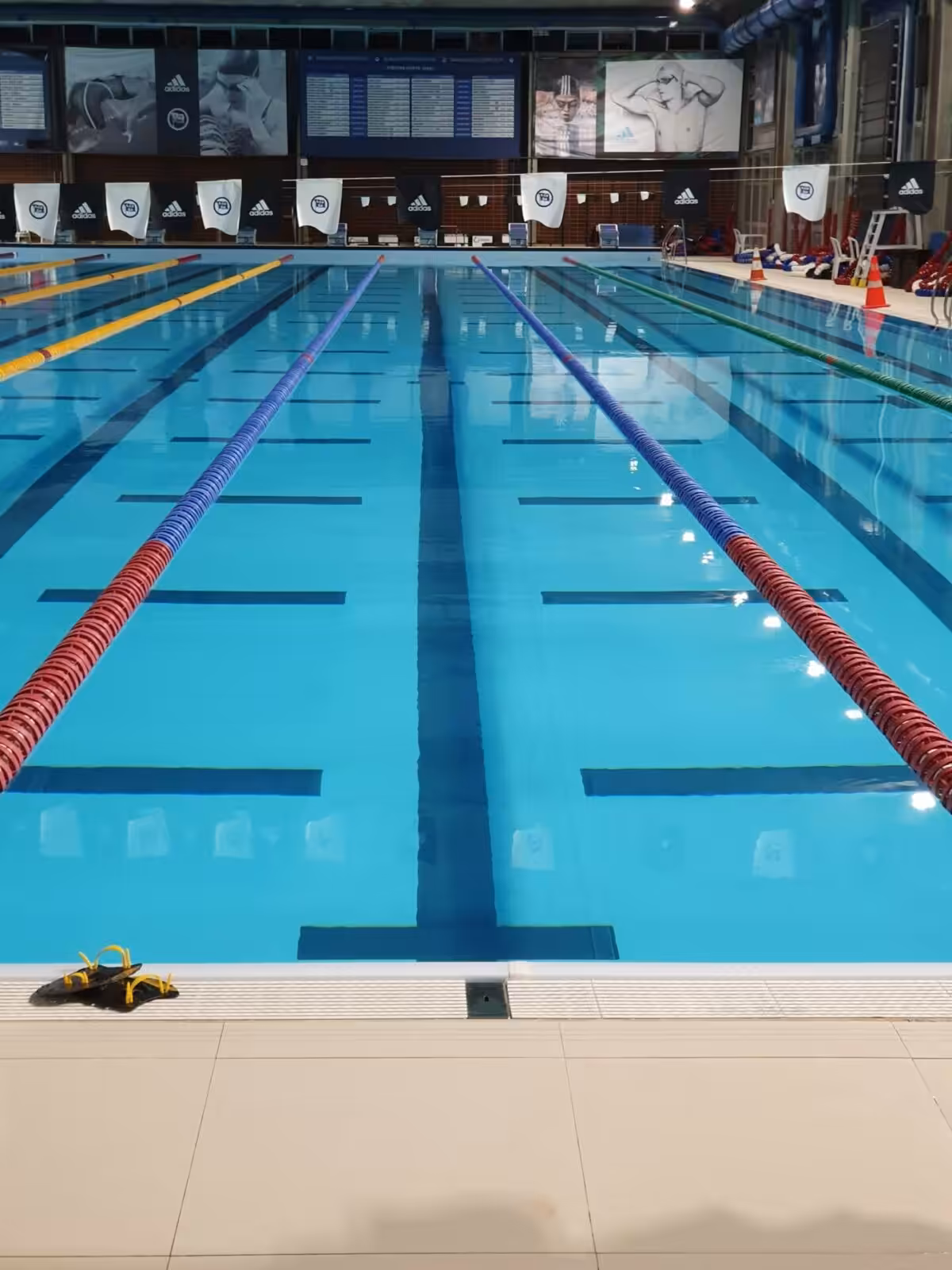 Indoor swimming pool with lane ropes and clear water