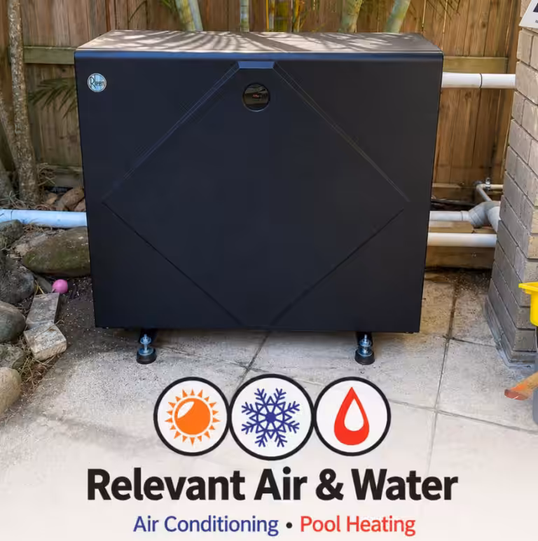 Outdoor Rheem pool heat pump system installed beside a swimming pool