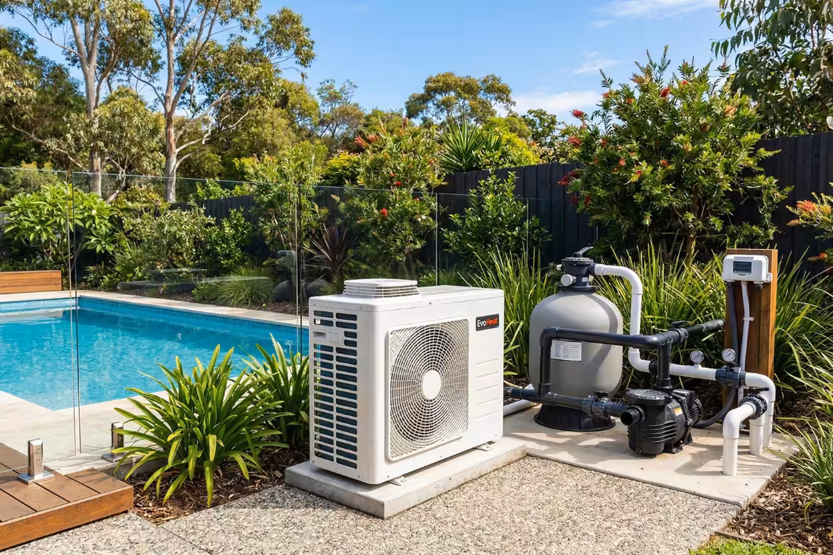 Outdoor swimming pool with EvoHeat pool heat pump, filtration system, and pump
