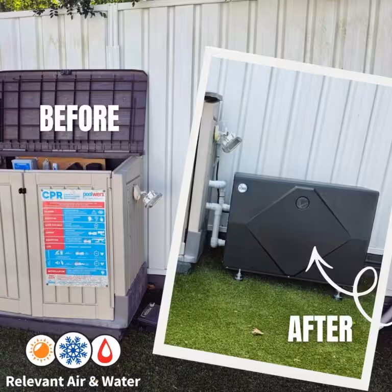 Before and after photos of a Rheem pool heat pump installation by Relevant Air & Water