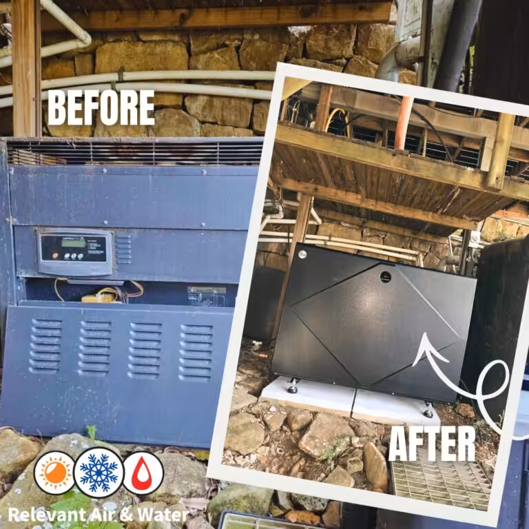 Rheem pool heat pump before and after comparison showing a pool heating system upgrade