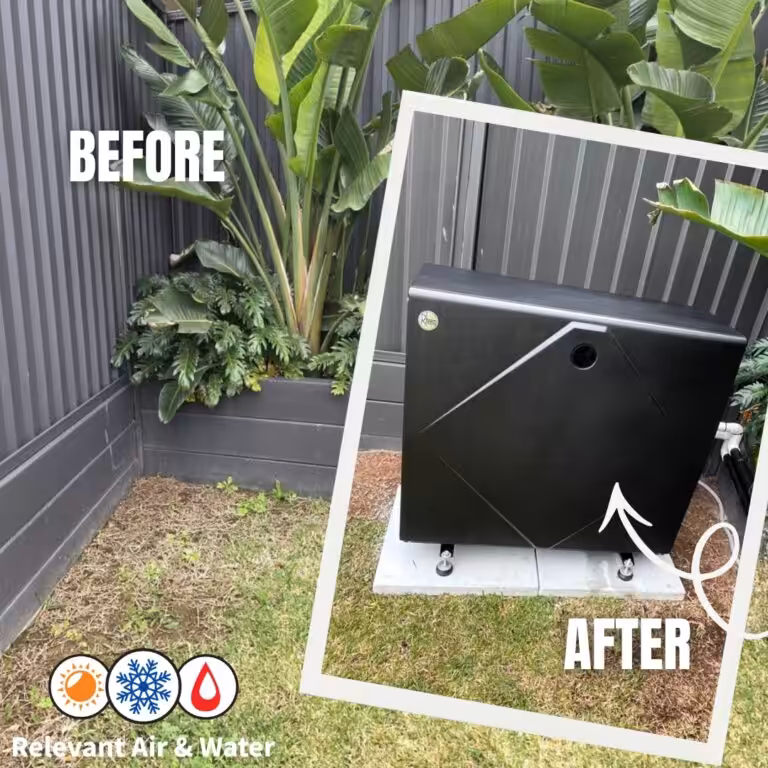 Before and after Rheem pool heat pump installation showing an upgraded outdoor pool heating system